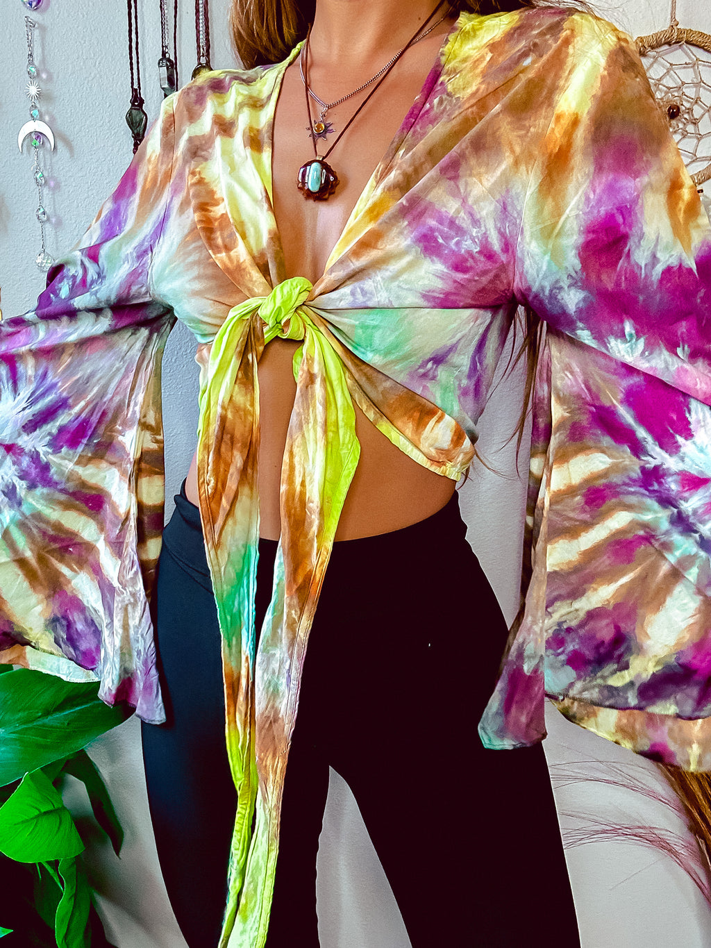 Tie Dye Crochet Panel Bell Sleeve Top