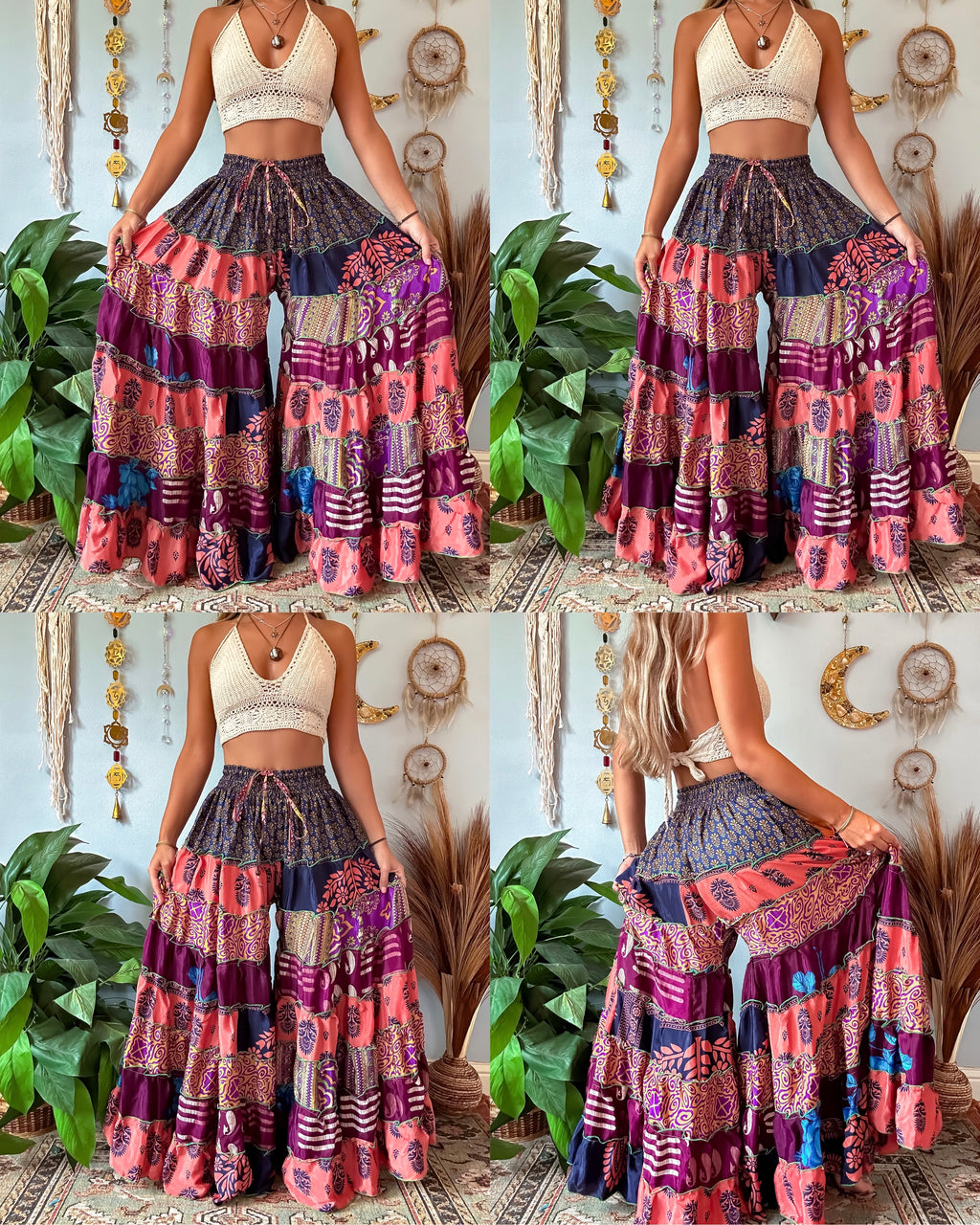 Latte Boho Tiered Wide-Leg Patchwork Pants