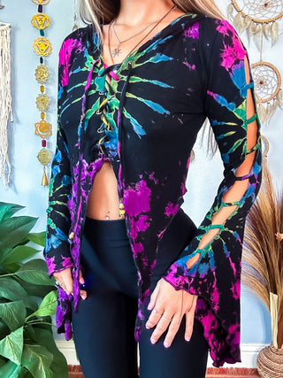 TRIXIE HOODED TOP - BLACK / RAINBOW