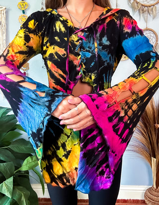 TRIXIE HOODED TOP - BLACK / RAINBOW