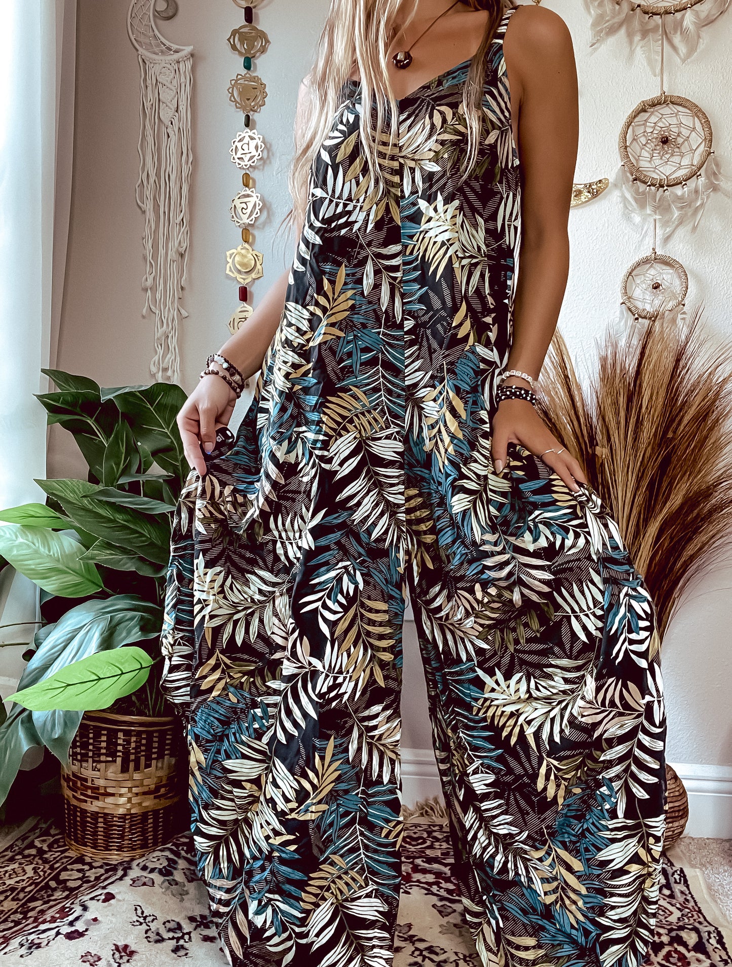 LEAF PRINT WIDE LEG JUMPSUIT