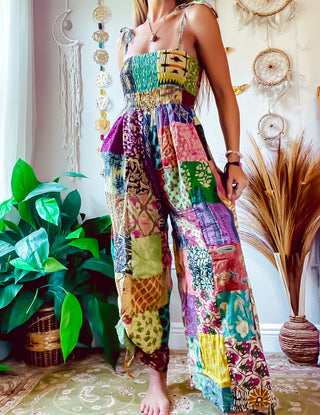 PATCHWORK CINCH LEG JUMPSUIT