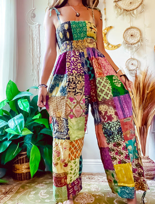 PATCHWORK CINCH LEG JUMPSUIT