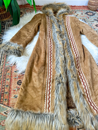 VELVET SUEDE HOODED FAUX FUR TRIM COAT