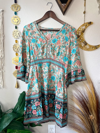 TURQUOISE & PEACH FLORAL DRESS
