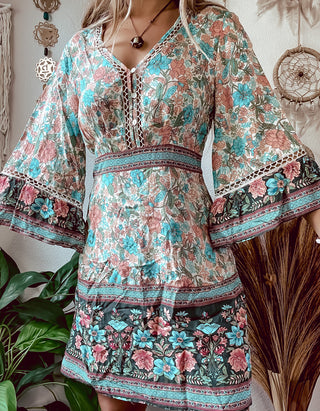TURQUOISE & PEACH FLORAL DRESS