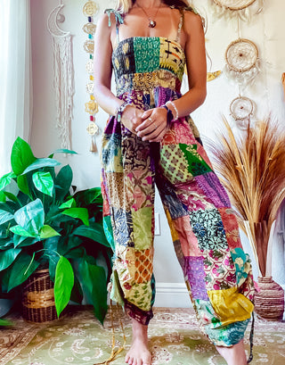 PATCHWORK CINCH LEG JUMPSUIT