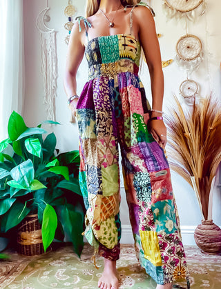 PATCHWORK CINCH LEG JUMPSUIT