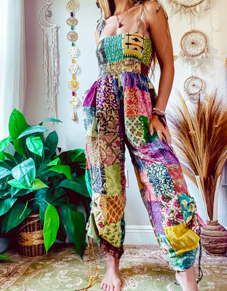PATCHWORK CINCH LEG JUMPSUIT