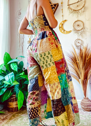 PATCHWORK CINCH LEG JUMPSUIT