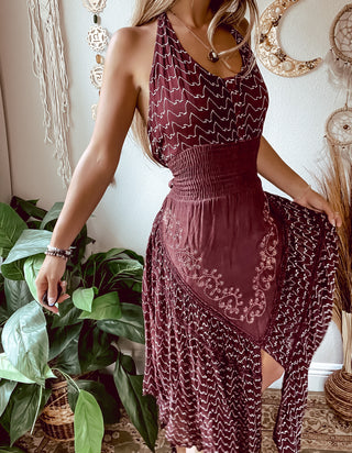 BURGUNDY EMBROIDERED PIXIE DRESS