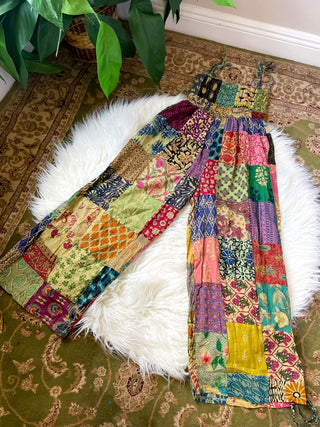 PATCHWORK CINCH LEG JUMPSUIT