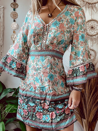 TURQUOISE & PEACH FLORAL DRESS