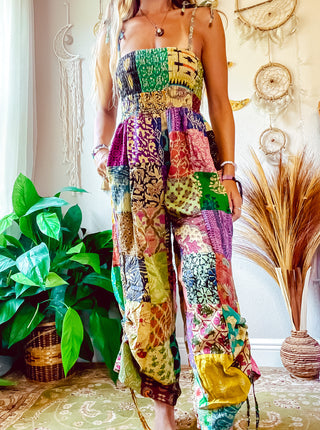 PATCHWORK CINCH LEG JUMPSUIT