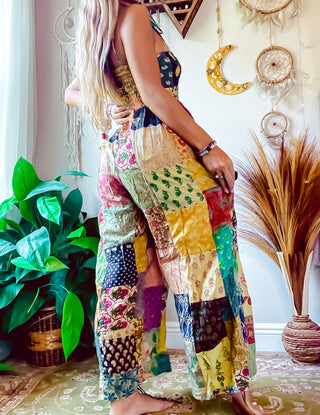 PATCHWORK CINCH LEG JUMPSUIT