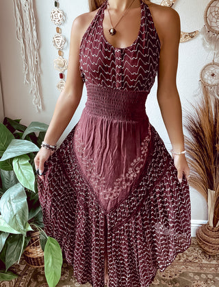 BURGUNDY EMBROIDERED PIXIE DRESS