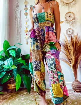 PATCHWORK CINCH LEG JUMPSUIT