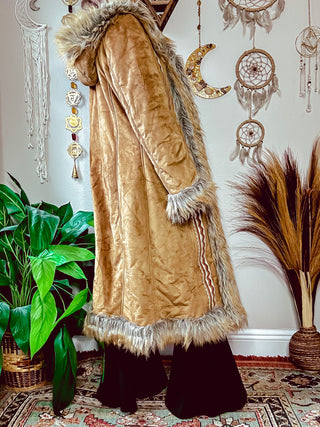 VELVET SUEDE HOODED FAUX FUR TRIM COAT